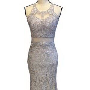 Soieblu Taupe Mauve Embroidered Beaded Mesh Illusion Gown